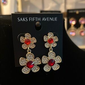 Saks Fifth Avenue white & Red Crystal Double Flower Earrings